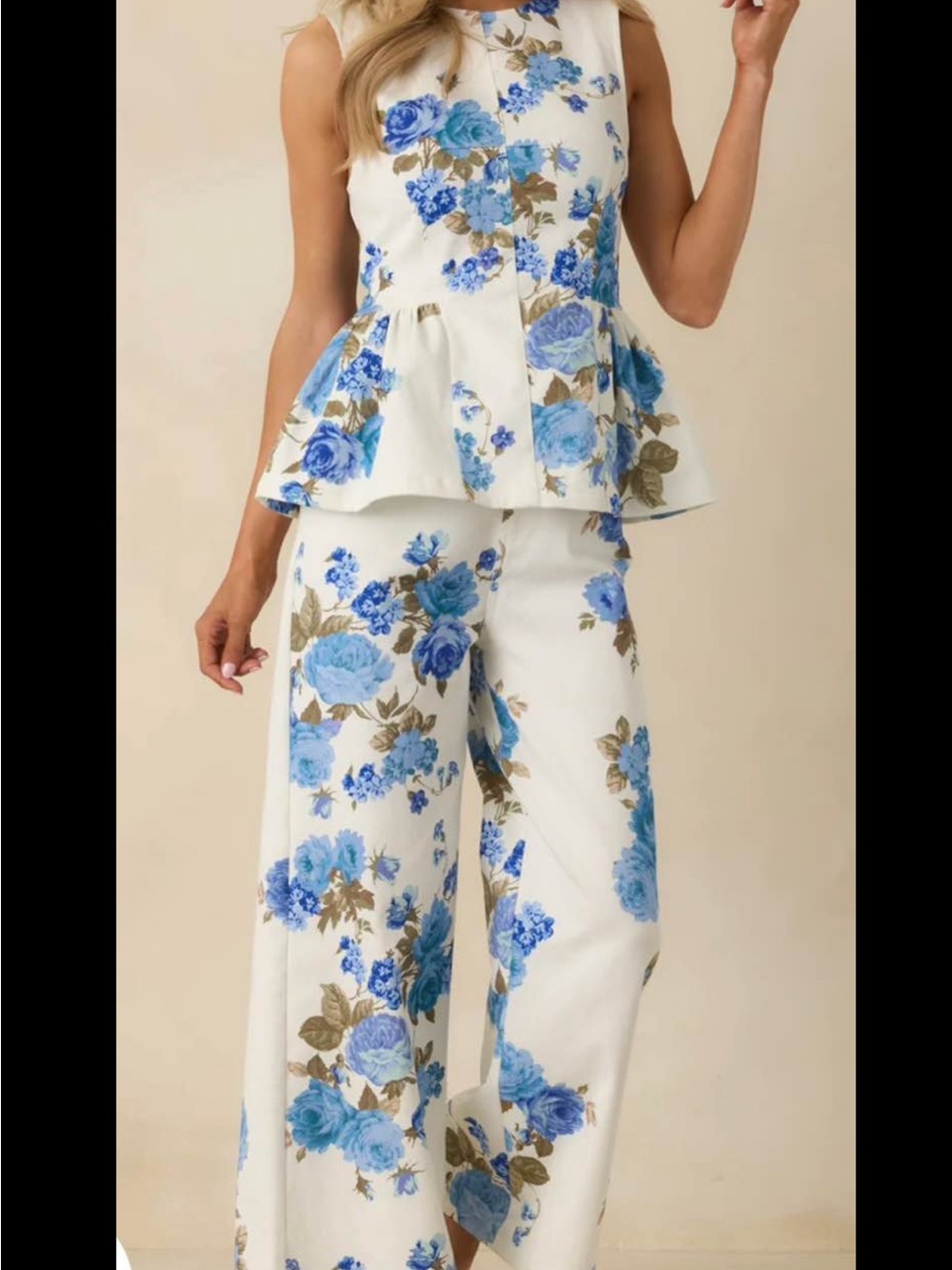 entro White Two-Piece Set with Blue Floral Print